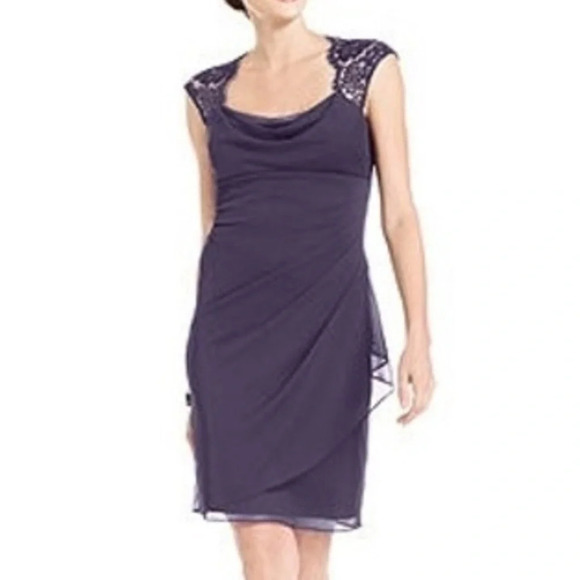 Xscape Dress Lace Cap Sleeve Sheer Side Ruffles Open Back Plum Purple size 4 - Picture 8 of 8
